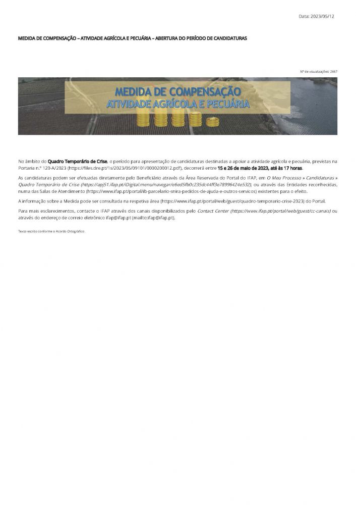 Medida de Compensação – Atividade Agrícola e Pecuária – Abertura do período de candidaturas